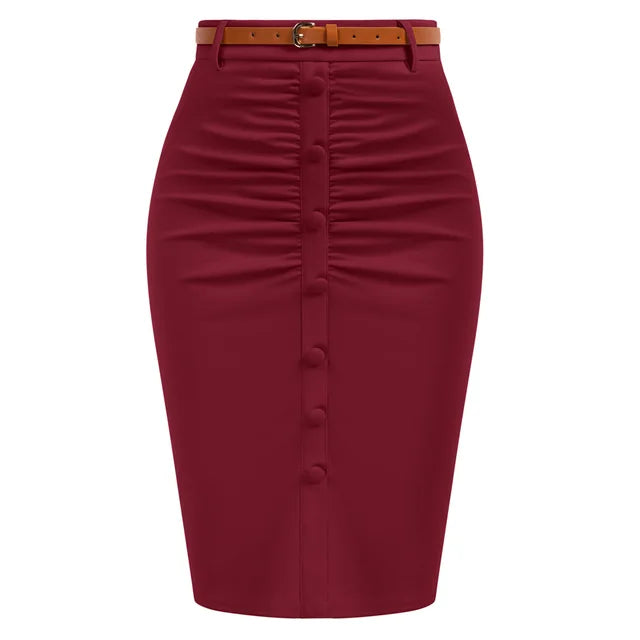 Belle Poque Vintage Pencil Skirt For Women 1950s Ruched Bodycon Skirt With Belt High Waisted Pencil Skirts For Workwear A30
