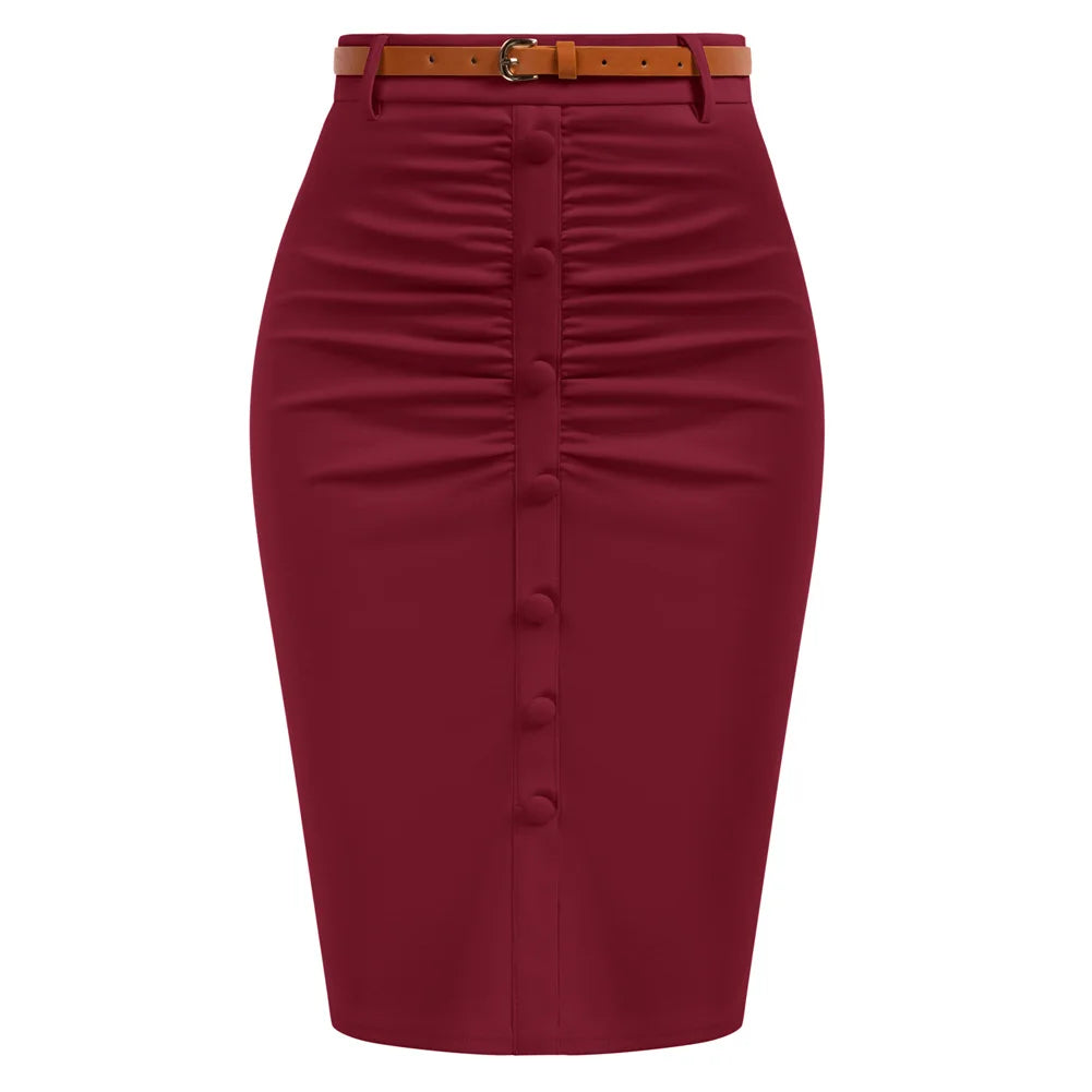 Belle Poque Vintage Pencil Skirt For Women 1950s Ruched Bodycon Skirt With Belt High Waisted Pencil Skirts For Workwear A30