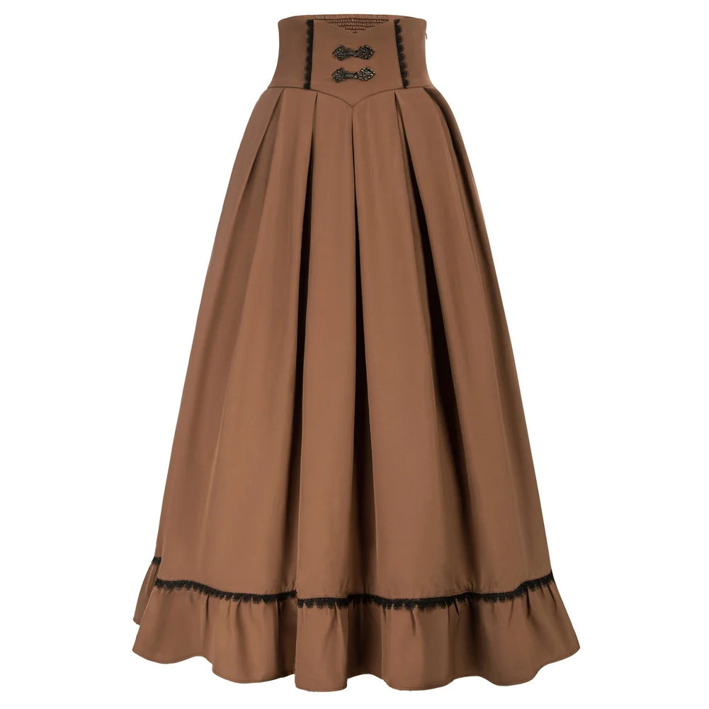 SD Women Renaissance Swing Skirt High Waist Ruffled Hem Maxi Skirt Vintage Long Length Skirts With Pockets Office Workwear A20