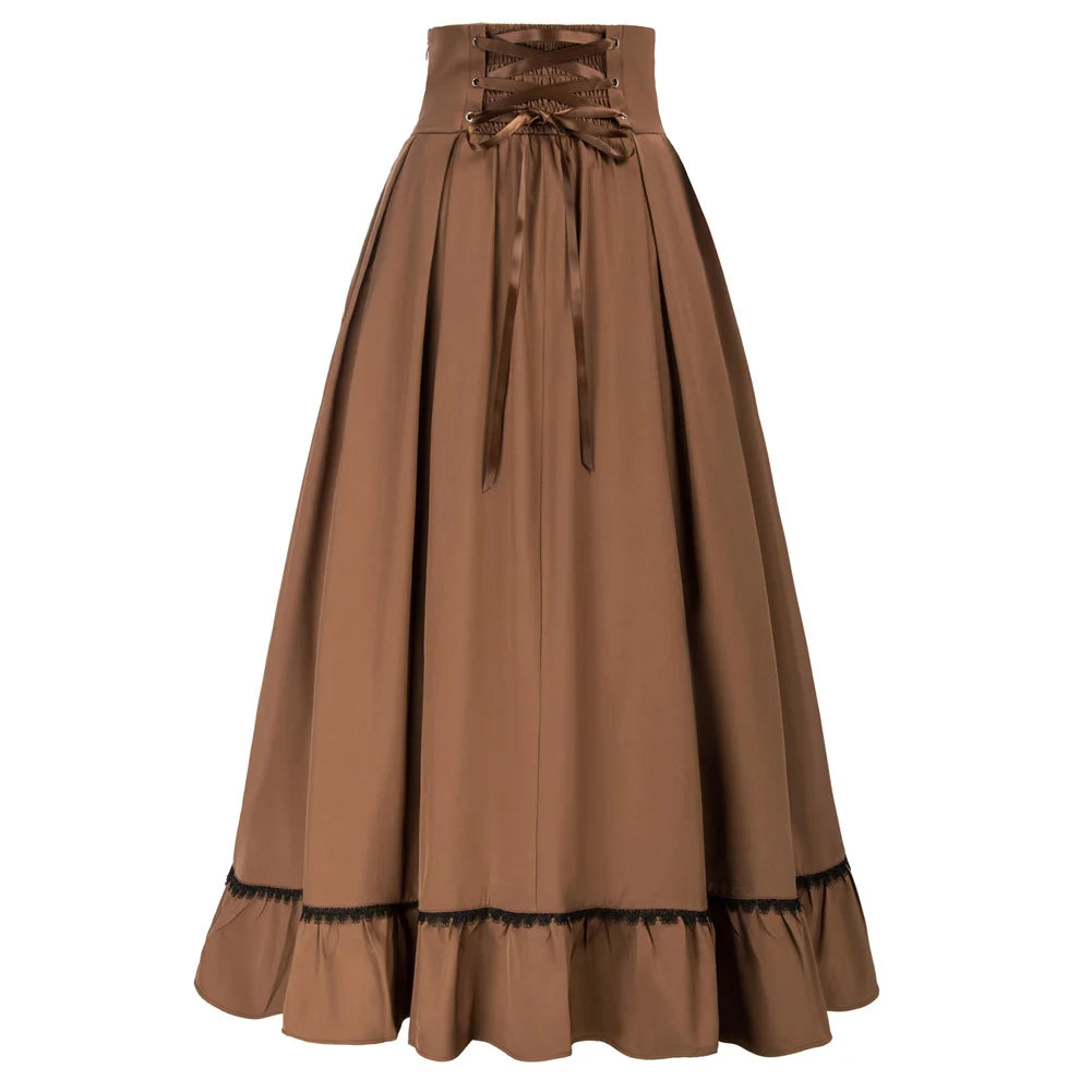 SD Women Renaissance Swing Skirt High Waist Ruffled Hem Maxi Skirt Vintage Long Length Skirts With Pockets Office Workwear A20