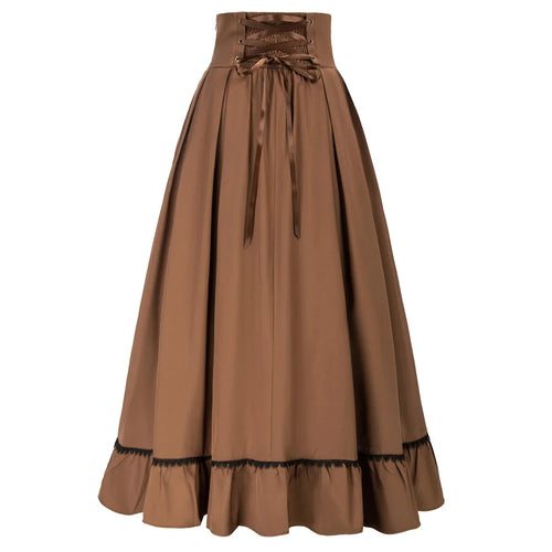 SD Women Renaissance Swing Skirt High Waist Ruffled Hem Maxi Skirt Vintage Long Length Skirts With Pockets Office Workwear A20