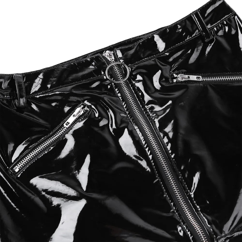 Womens Ladies Faux Leather Fake Zipper Pockets Bodycon Mini Skirt Pole Dance Rave Shiny Short Skirts Wetlook Clubwear Costume
